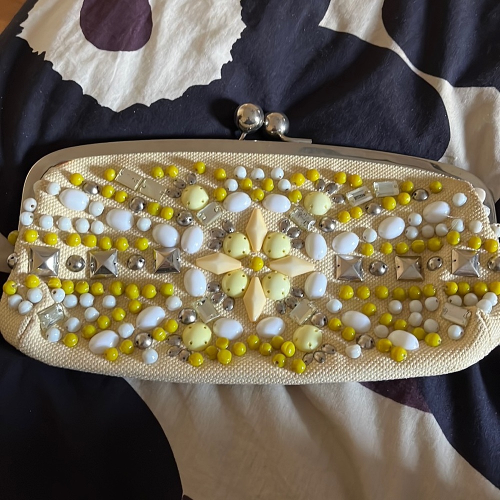 Chloe Embellished Canvas Frame Clutch: gently used.